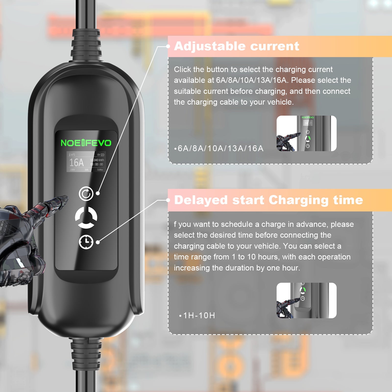 Noeifevo 11KW bilbatteriladdare, typ2 till CEE16A EV-laddare med hushållsadapter, 5m/10/15m