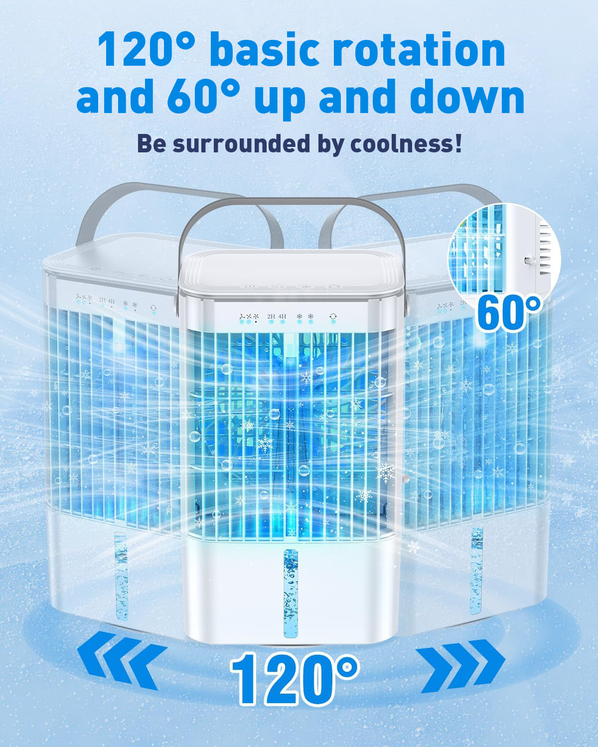 Condizionatore mobile 4 in 1, mini raffreddatore d'aria a risparmio energetico con grande serbatoio d'acqua (1200 ml), raffreddamento ad evaporazione a 3 livelli, LED a 7 colori, timer e bassa rumorosità per ufficio a casa e camera da letto