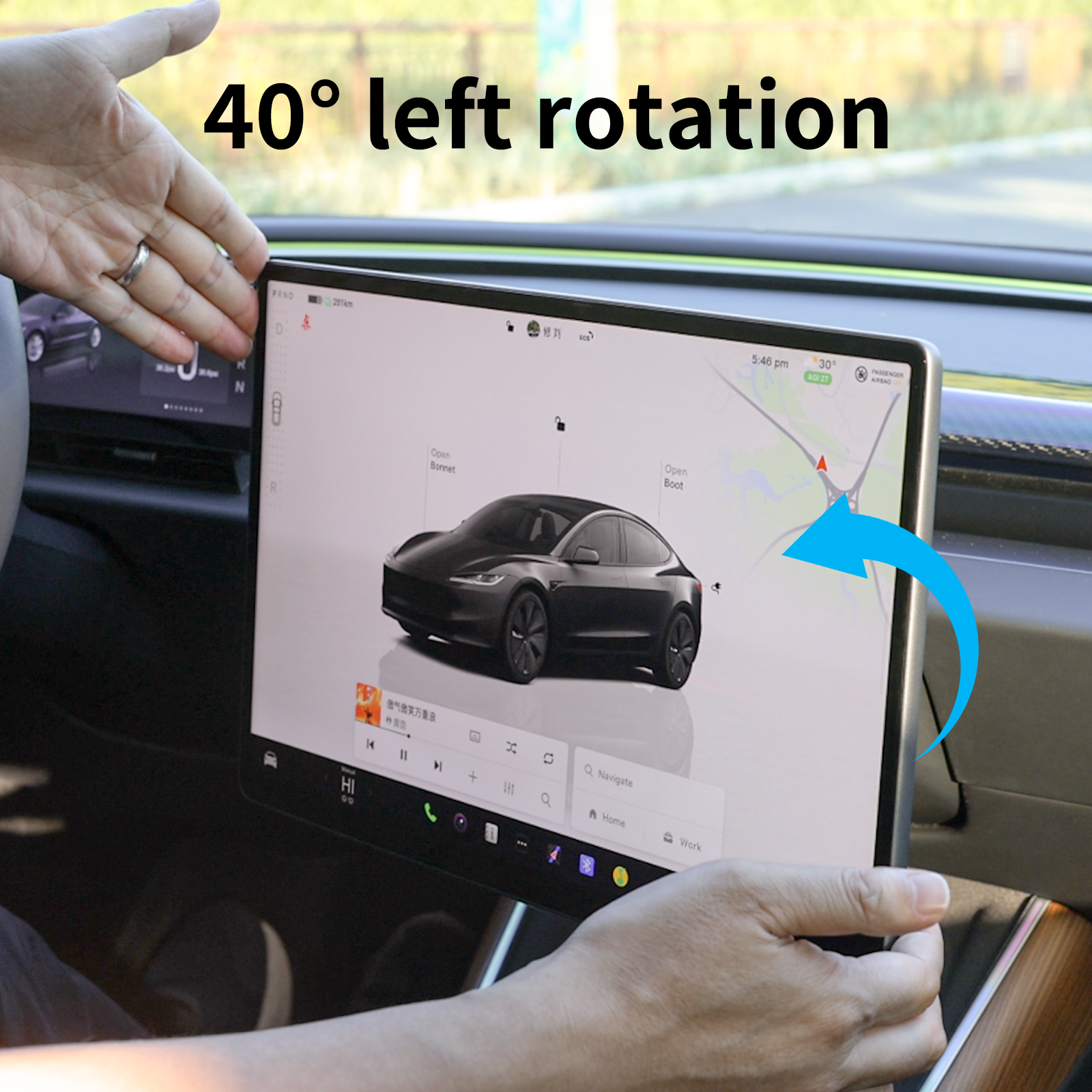 Tesla Bildschirm-Halterung 2.0 für Model 3/Y – 4-Wege Drehbar (40°), Aluminium CNC,Bildschirmhöhe bleibt unverändert , Kein Wackeln, Anti-Blendung