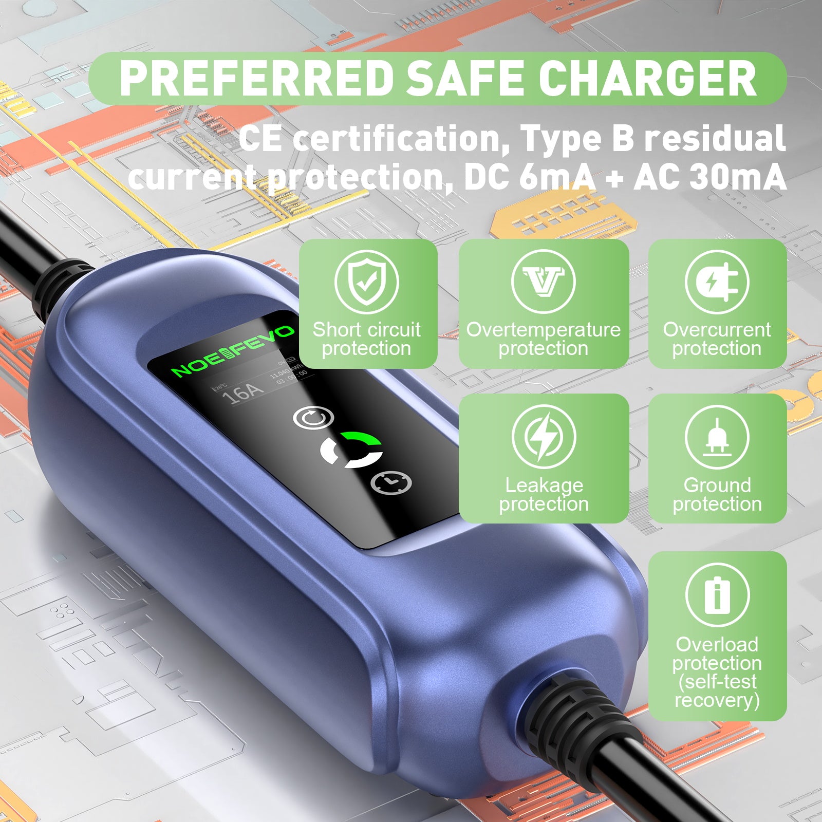 Noeifevo bilbatterioplader til alle type 2-køretøjer, 11KW CEE16A 5M/10M/15M strømkabel til hurtig opladning