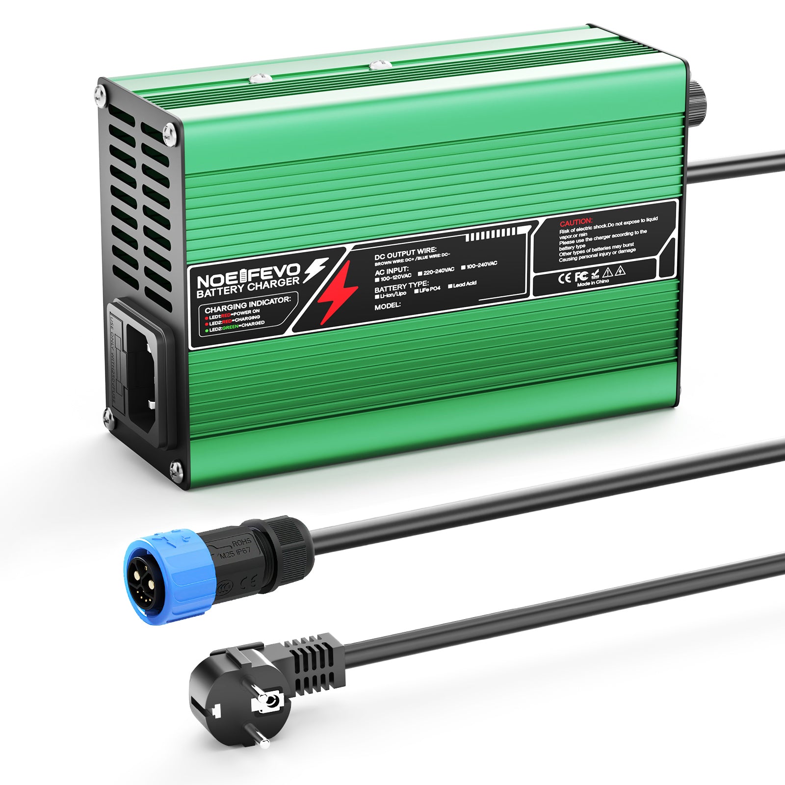 NOEIFEVO 58.8V 3A Cargador de Litio para baterías Li-Ion Lipo 14S 51.8V, ventilador de refrigeración, apagado automático (VERDE)