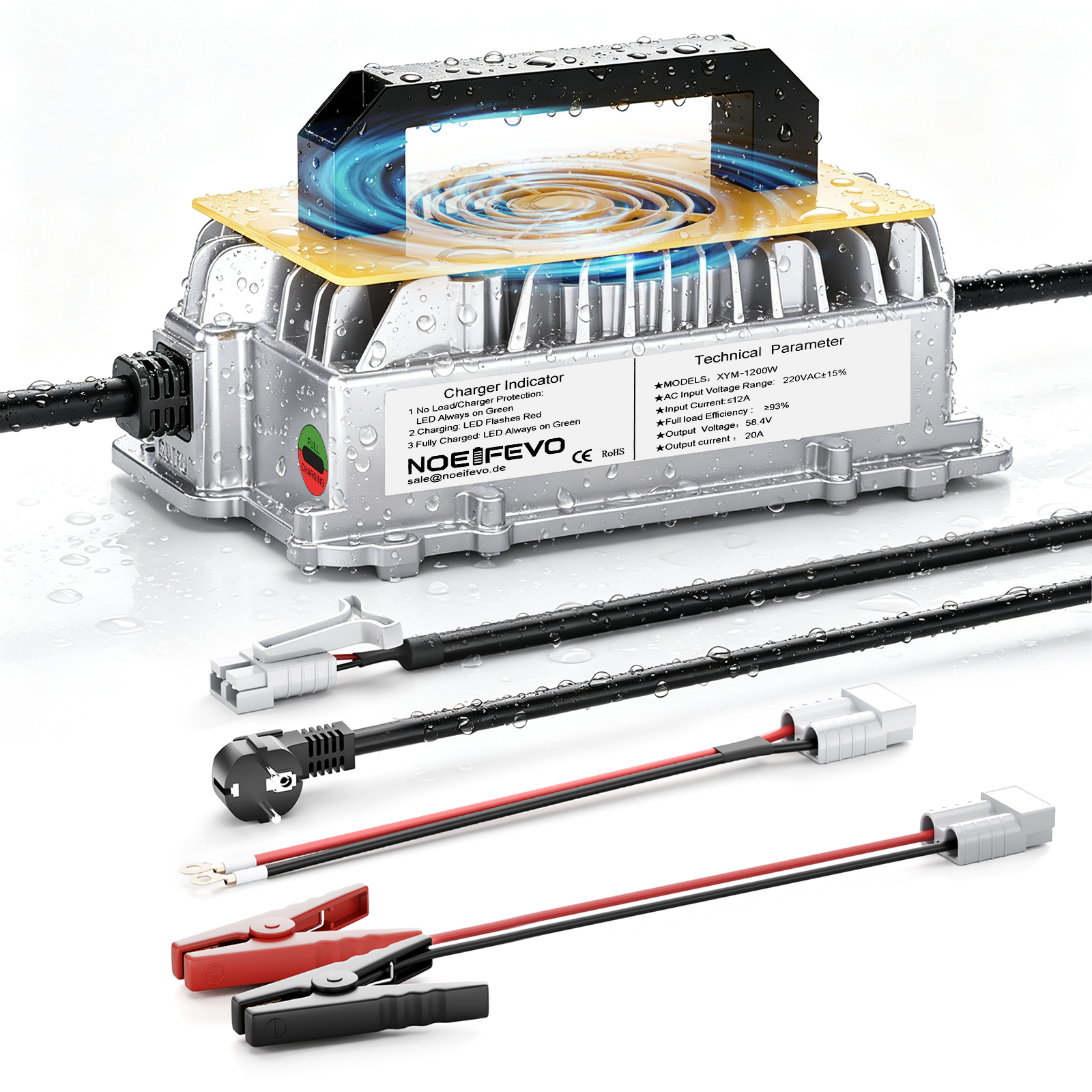 NOEIFEVO 58,4V 20A Lithium Lifepo4 nabíjačka batérií pre 48V (51,2V)16S batériu, vodotesná, 0 V BMS aktivácia, automatické vypnutie s plnou ochranou