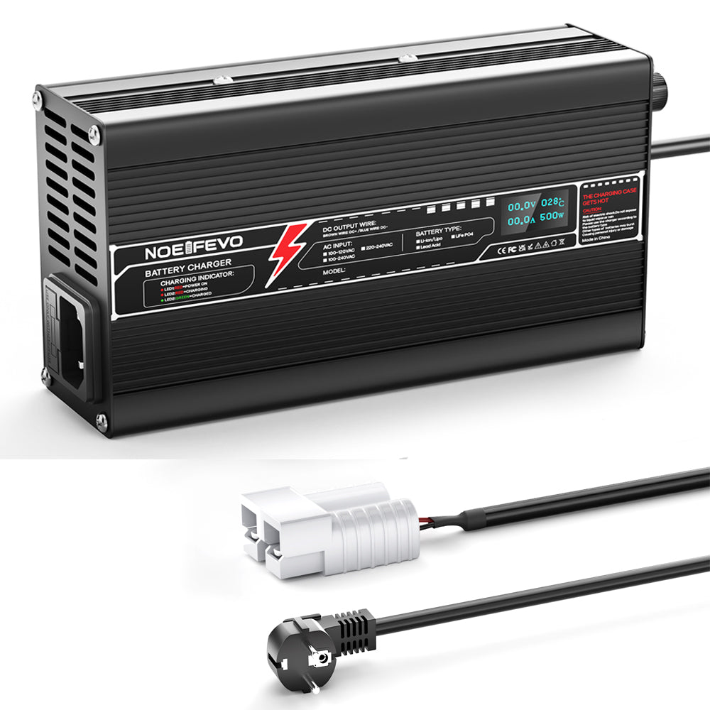 NOEIFEVO 14,6V 15A lithium LiFePO4 batterilader til 4S 12,8V LiFePO4 batteri, med blæser, aluminiumshus, LCD-skærm