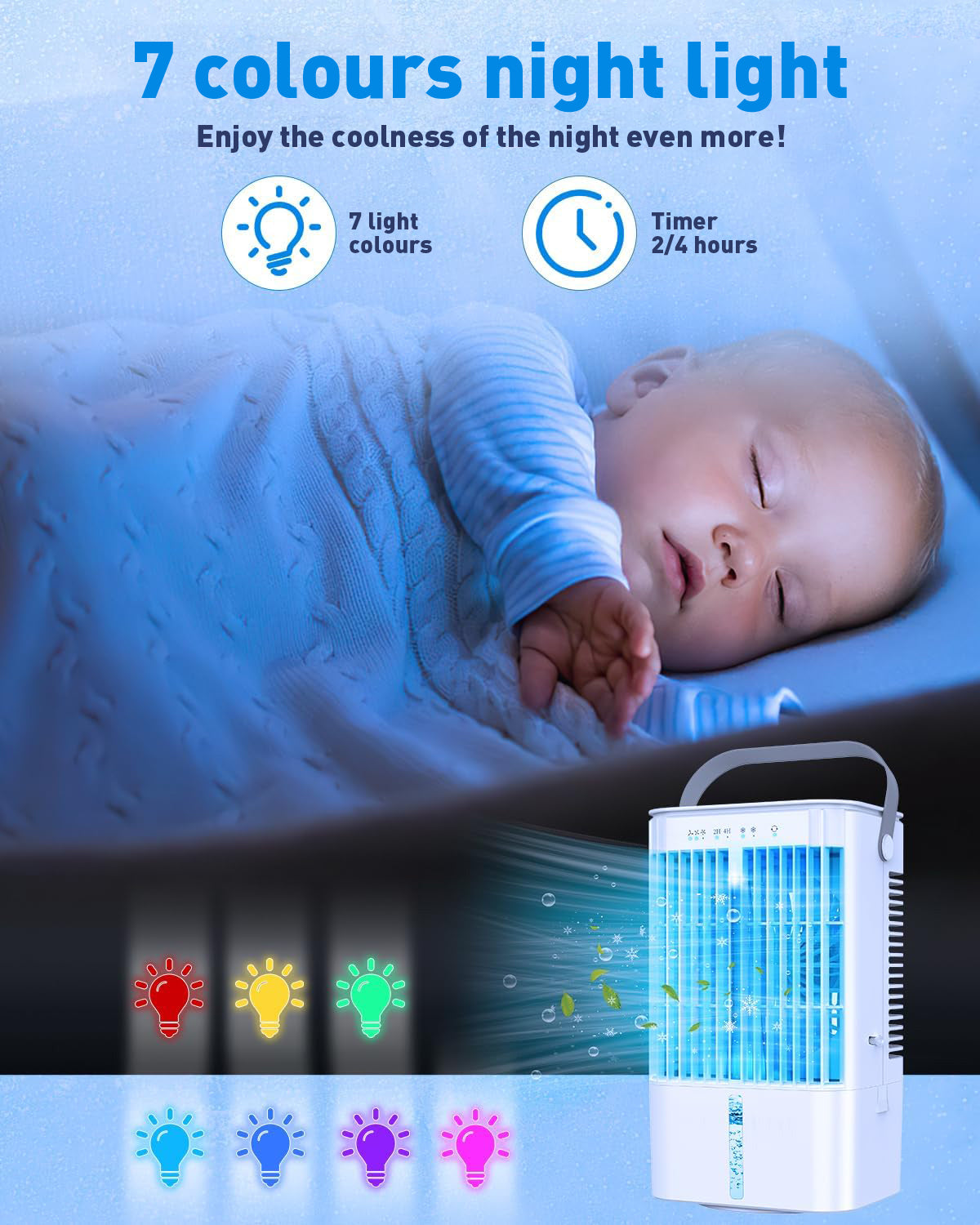 Condizionatore mobile 4 in 1, mini raffreddatore d'aria a risparmio energetico con grande serbatoio d'acqua (1200 ml), raffreddamento ad evaporazione a 3 livelli, LED a 7 colori, timer e bassa rumorosità per ufficio a casa e camera da letto