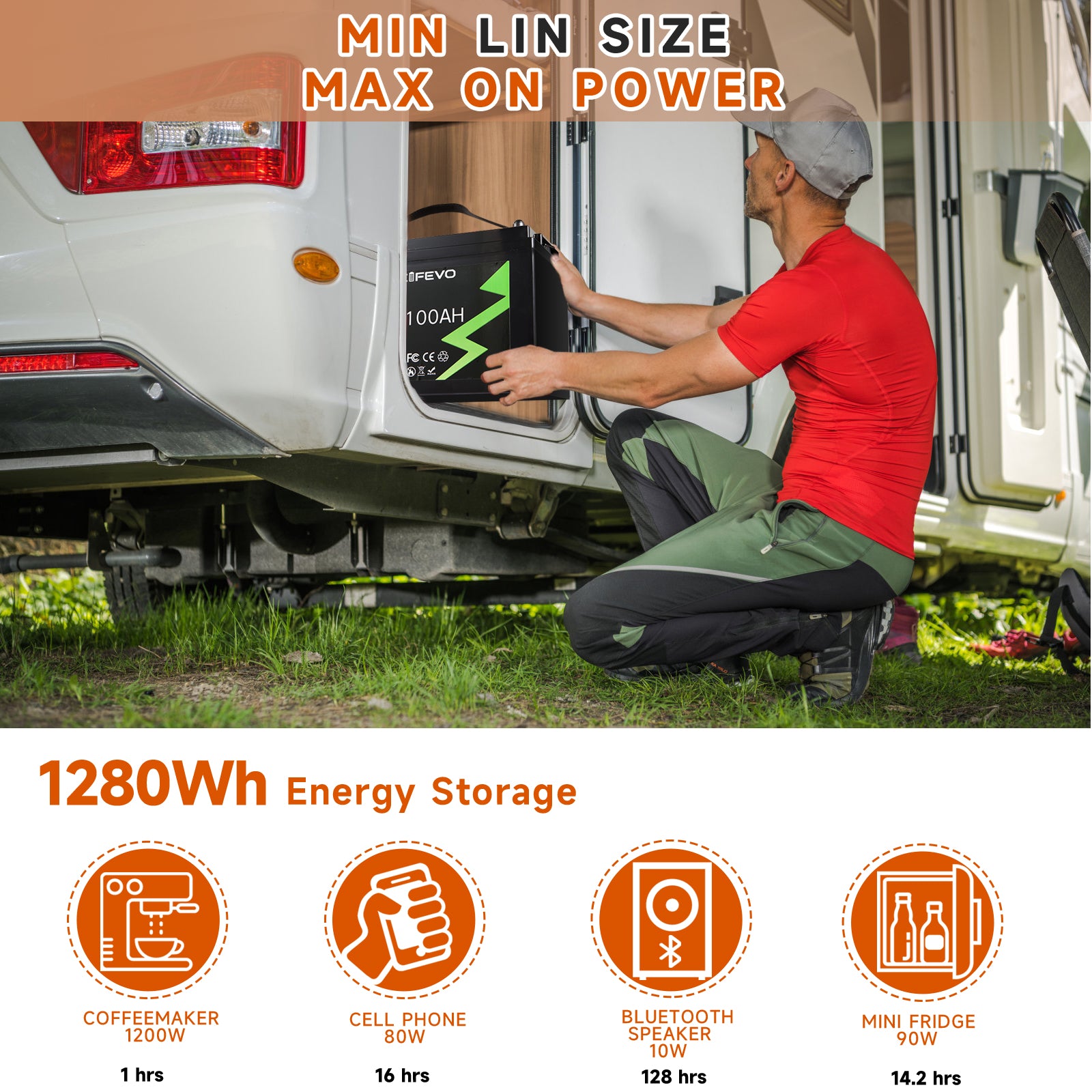 NOEIFEVO 12.8V 100Ah LiFePO4 Lithium Battery, Fully charged in 2 hours with 14.6V 50A charger, 4000+ charge cycles, , perfect as power source for motorhome, boat.