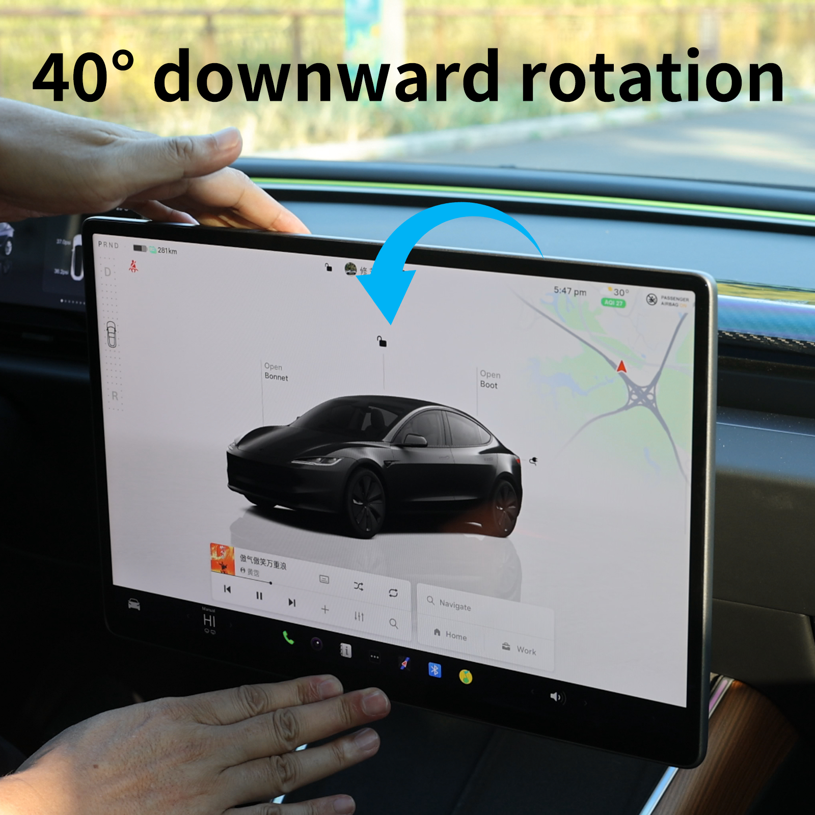 Tesla Bildschirm-Halterung 2.0 für Model 3/Y – 4-Wege Drehbar (40°), Aluminium CNC,Bildschirmhöhe bleibt unverändert , Kein Wackeln, Anti-Blendung