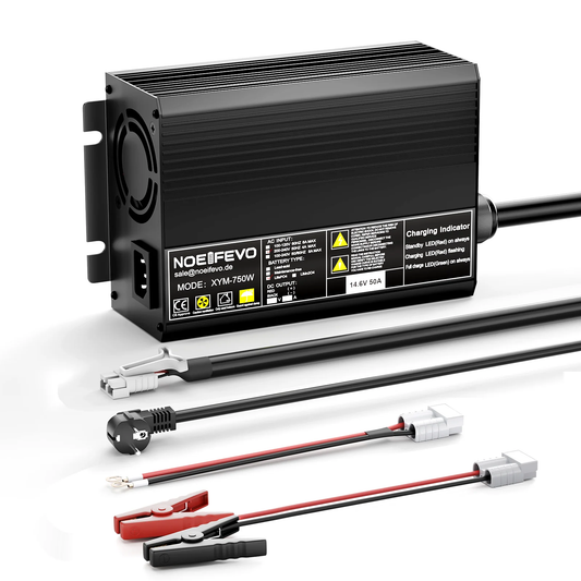 Noeifevo 14,6V 50A Snabb Lithium LiFePO4 batteriladdare för 12V(12,8V) LiFePO4 batteri, 0V BMS aktivera, automatisk avstängning med fullt skydd