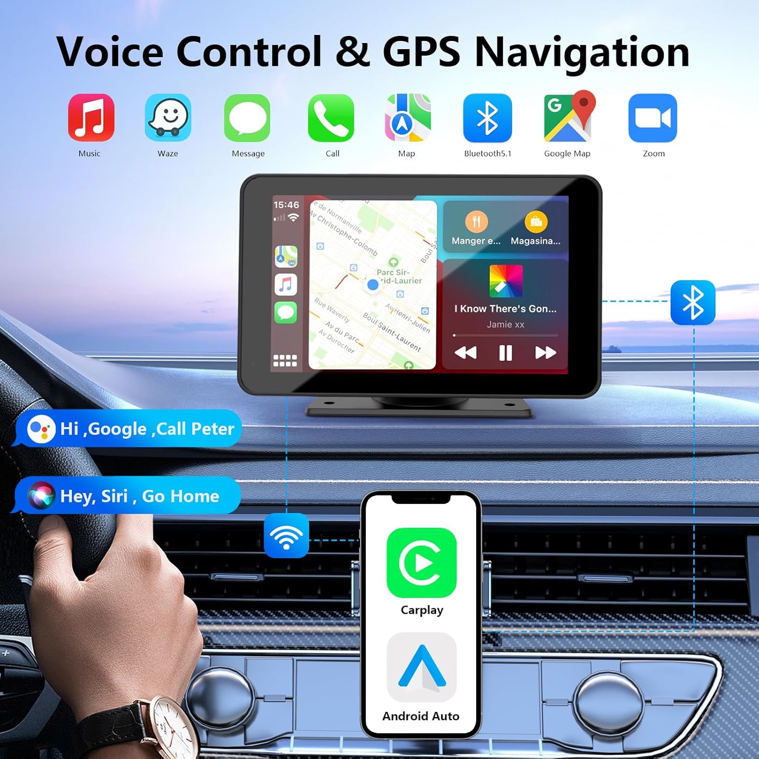 Bezprzewodowe CarPlay dla pojazdów, 7" HD Przenośny ekran dotykowy stereo samochodowe z Apple CarPlay, Android Auto, kamera parkingowa, odbiornik audio samochodowego z sterowaniem głosowym, Mirror Link, Bluetooth, nawigacja GPS.