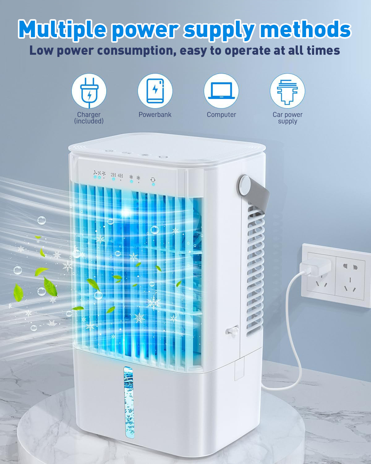 Condizionatore mobile 4 in 1, mini raffreddatore d'aria a risparmio energetico con grande serbatoio d'acqua (1200 ml), raffreddamento ad evaporazione a 3 livelli, LED a 7 colori, timer e bassa rumorosità per ufficio a casa e camera da letto