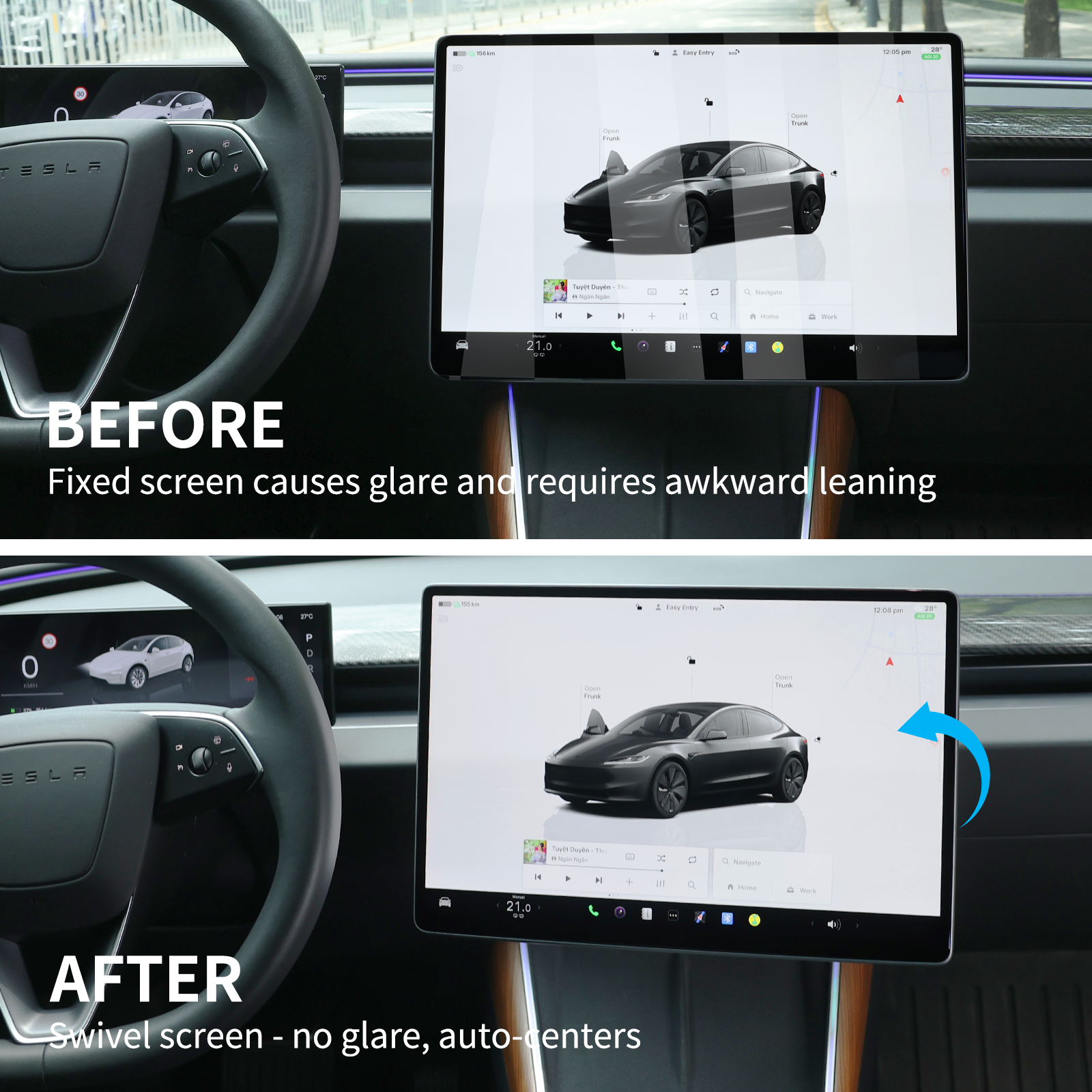 Tesla Bildschirm-Halterung 2.0 für Model 3/Y – 4-Wege Drehbar (40°), Aluminium CNC,Bildschirmhöhe bleibt unverändert , Kein Wackeln, Anti-Blendung
