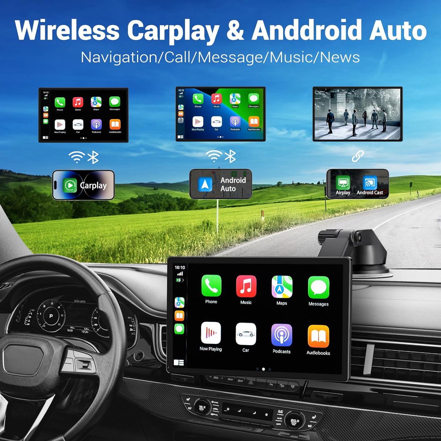 NOEIFEVO Tela sem fio Carplay para carros com Dashcam 4K, rádio automotivo portátil de 9" com Apple Carplay e Android Auto, com câmera de ré 1080p, GPS, navegação/Mirror Link/controle por voz/Bluetooth.