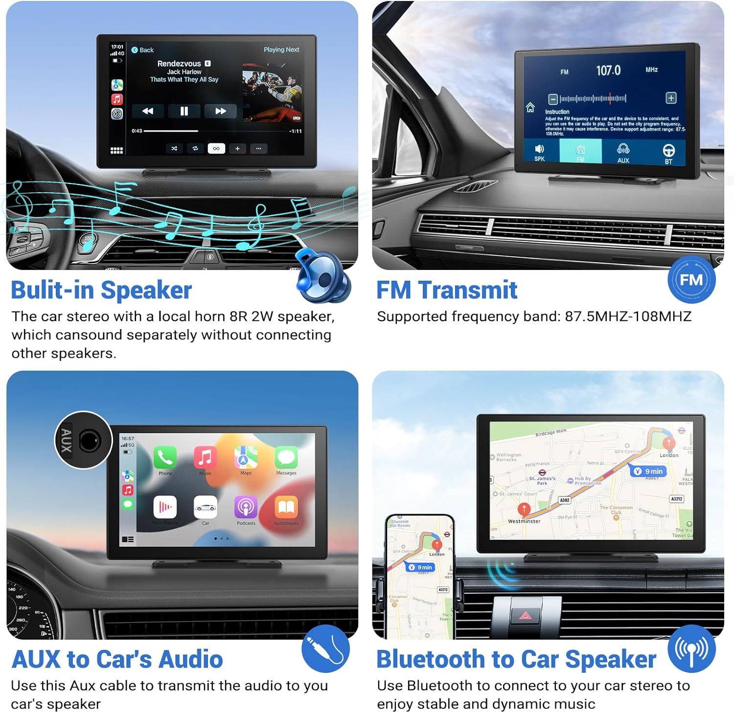 NOEIFEVO Bezprzewodowy ekran Carplay do samochodów z kamerą 4K Dashcam, 9" przenośne radio samochodowe Apple Carplay i Android Auto, z kamerą tylnej widoczności 1080p, nawigacją GPS/Mirror Link/sterowanie głosowe/Bluetooth.