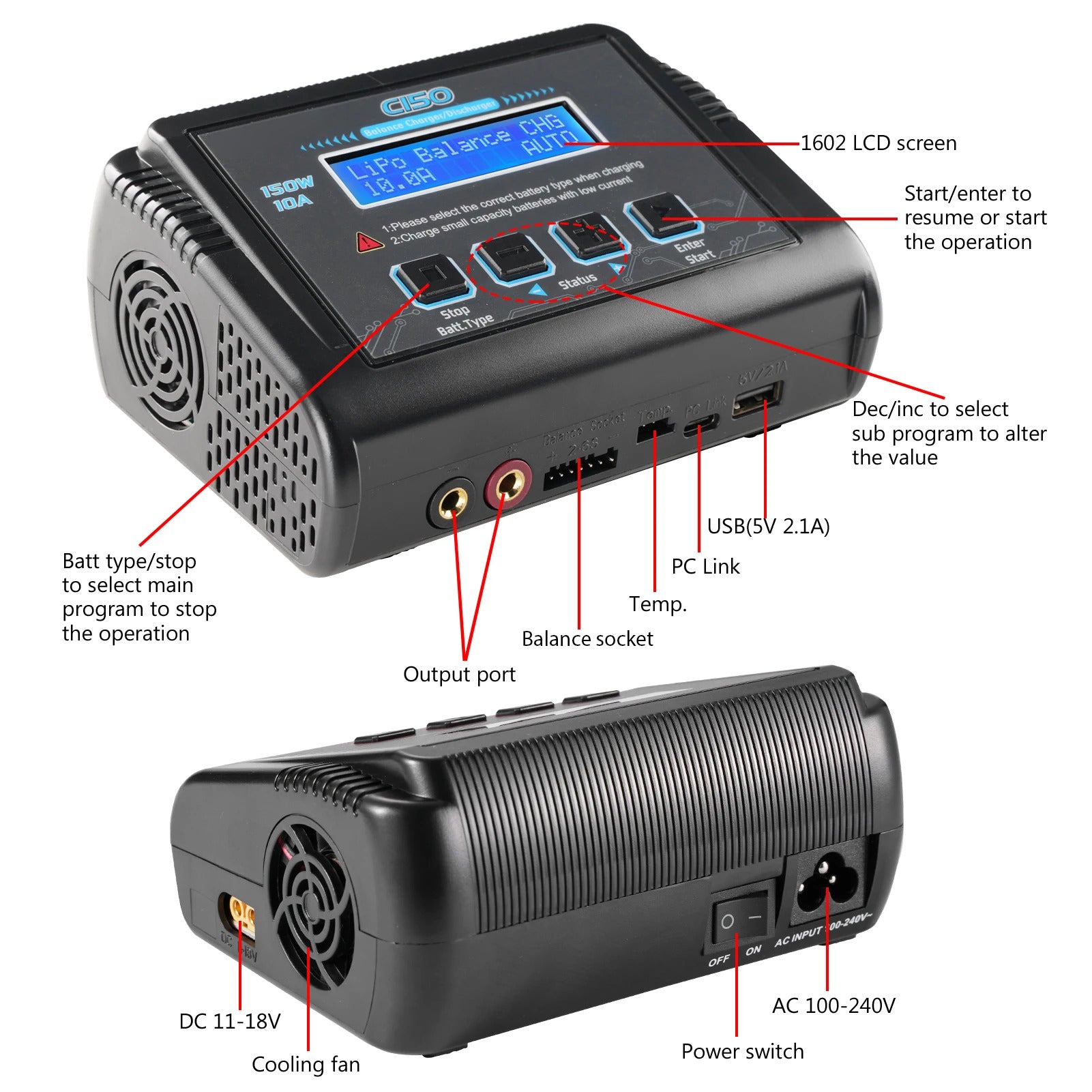 NOEIFEVO C150 AC/DC 150W 10A RC Balance Carregador e Descargador para Baterias LiPo LiHV LiFe Lilon NiCd NiMh Pb