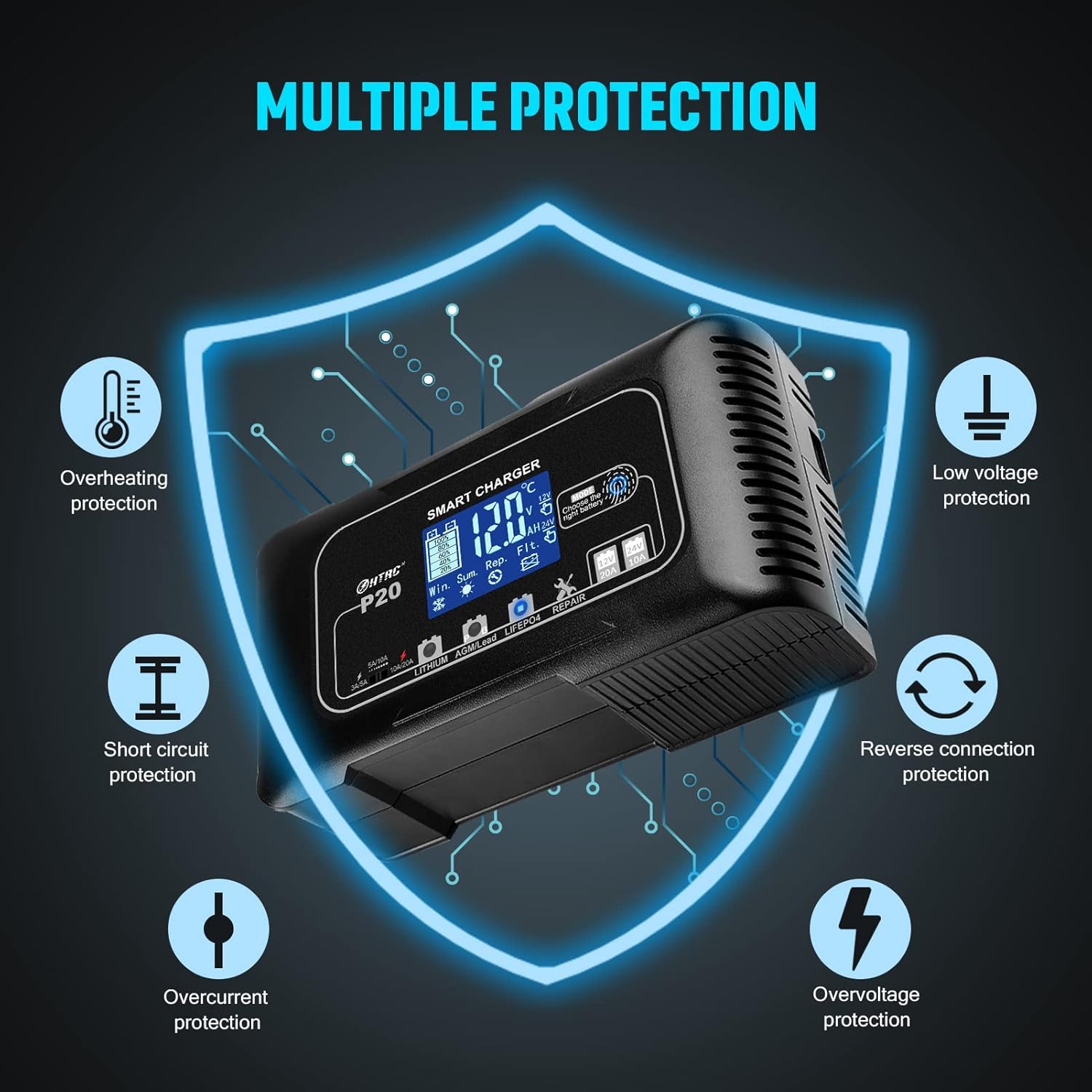  NOEIFEVO 12V 20A e 24V 10A Caricabatterie, caricabatteria intelligente per batterie al piombo LiFePO4 AGM, caricabatteria per auto e moto con modalità di ricondizionamento