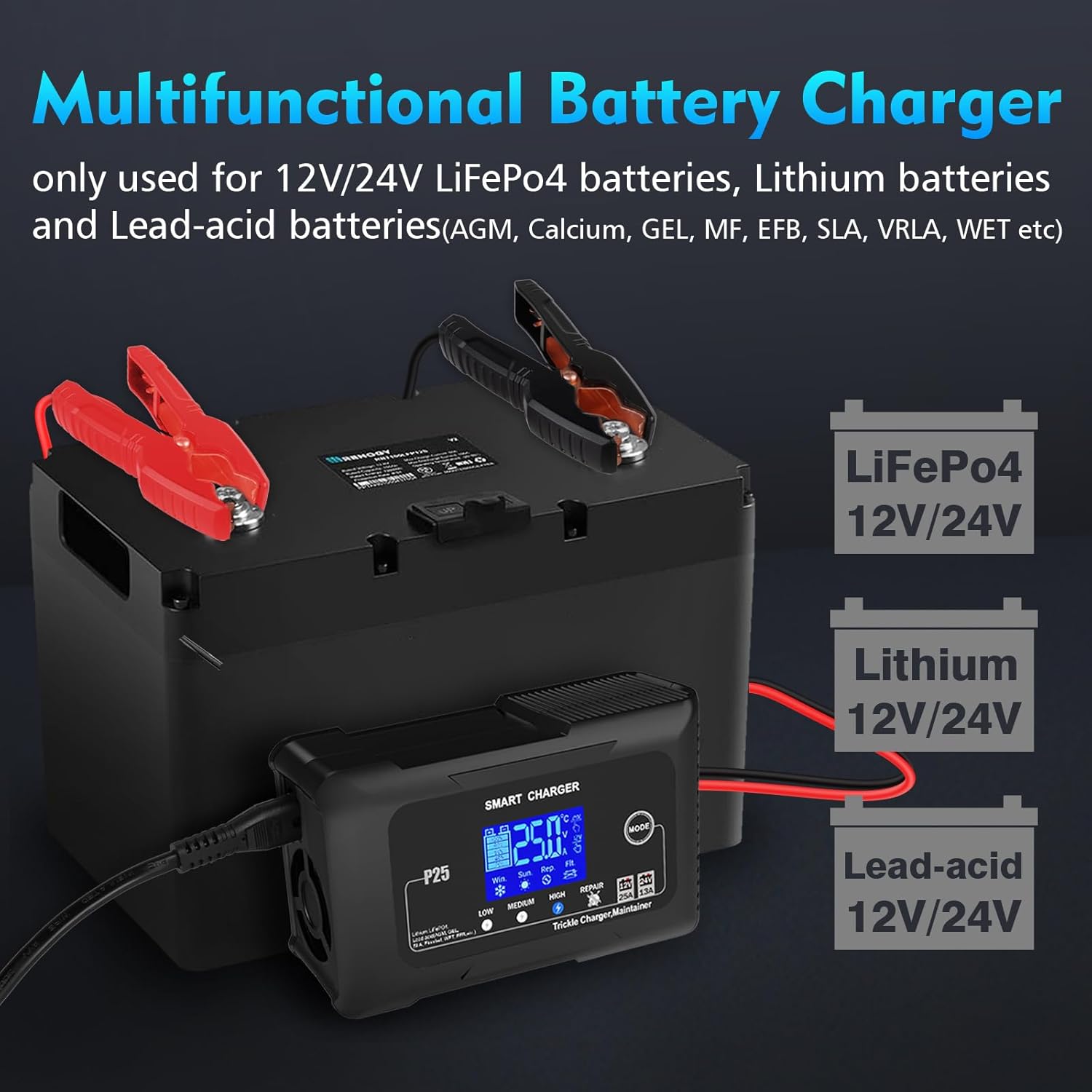 NOEIFEVO 25A Ładowarka do akumulatorów samochodowych, 12V 25A / 24V 13A Ładowarka utrzymująca dla samochodu, motocykla, kosiarki, łodzi, akumulatorów litowo-jonowych, LiFePO4 oraz kwasowo-ołowiowych (AGM, GEL, MF, EFB, SLA, VRLA)