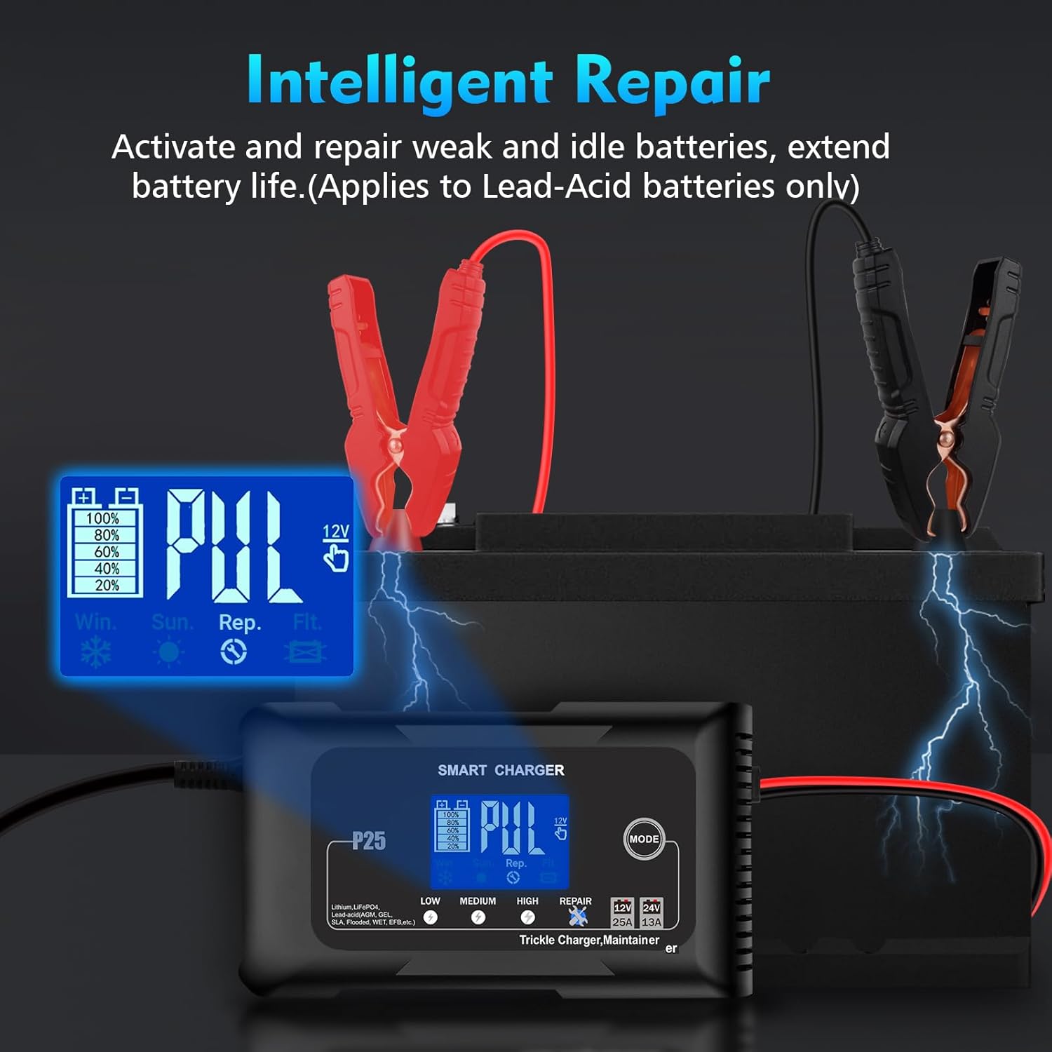 NOEIFEVO 25A Autobatterieladegerät, 12V 25A/24V 13A Erhaltungsladegerät für Auto, Motorrad, Rasenmäher, Boot, Lithium, LiFePO4 und Blei-Säure (AGM, GEL, MF, EFB, SLA, VRLA)