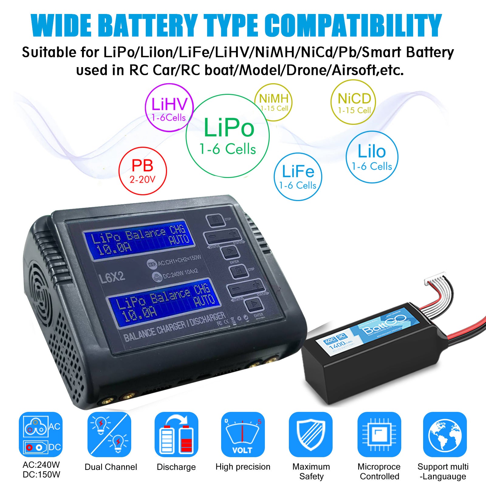 NOEIFEVO L6X2 Carregador e Descarregador Inteligente de Equilíbrio de Dois Canais para Baterias RC NiMH, NiCd, LiHV, Li-ion, Lipo, PB