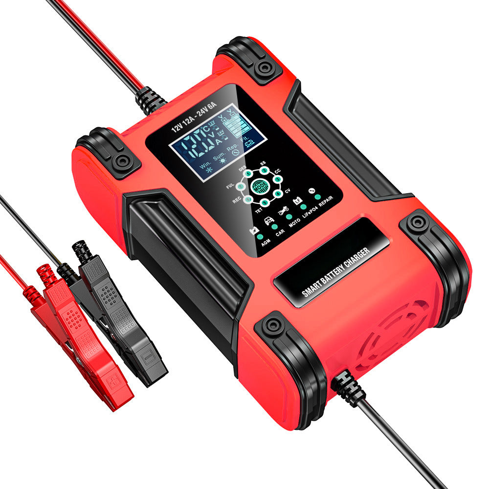 Caricabatterie per auto, 12V 12A / 24V 6A Caricabatterie per batterie al piombo AGM LiFePO4, Caricabatterie per veicoli, Caricabatterie intelligente a 7 stadi con display LED per auto, camion, motociclette, tosaerba.