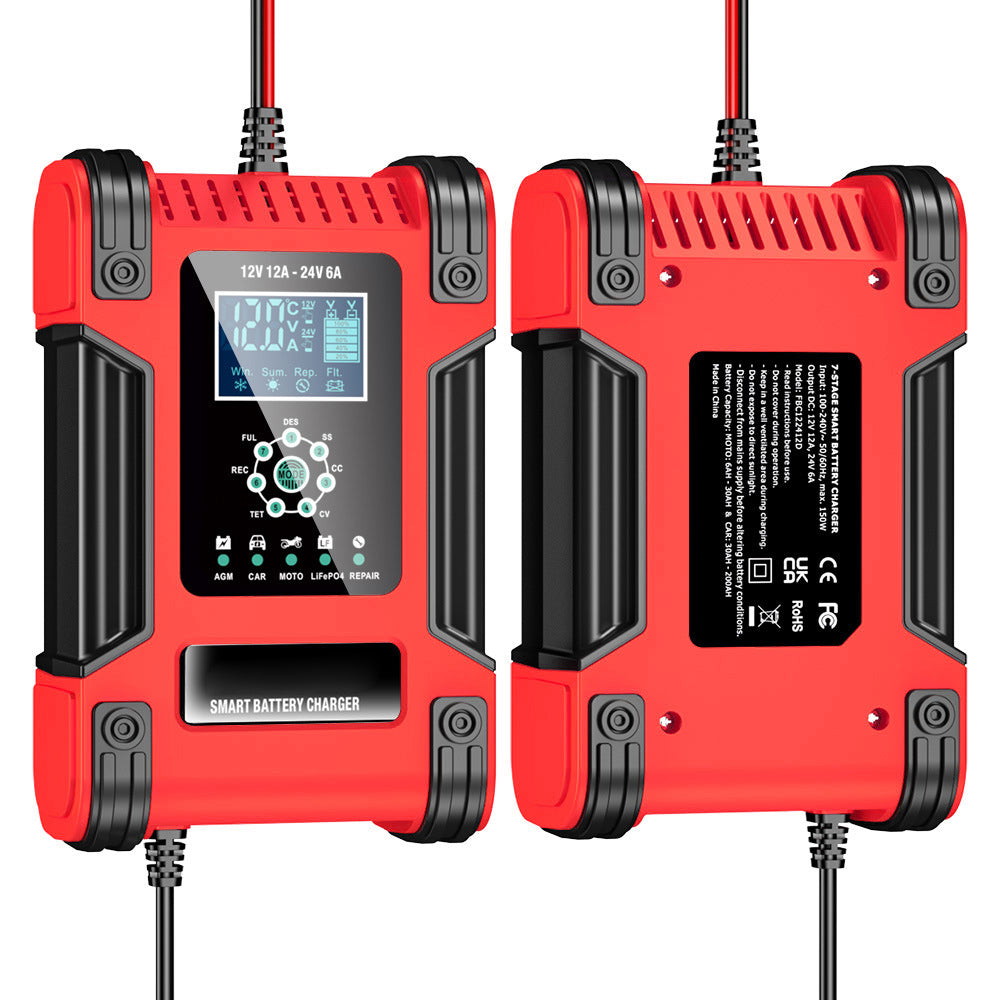 Caricabatterie per auto, 12V 12A / 24V 6A Caricabatterie per batterie al piombo AGM LiFePO4, Caricabatterie per veicoli, Caricabatterie intelligente a 7 stadi con display LED per auto, camion, motociclette, tosaerba.