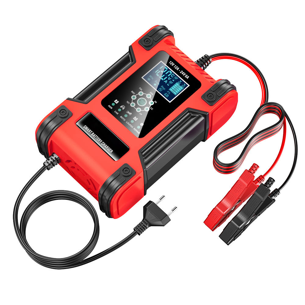 Caricabatterie per auto, 12V 12A / 24V 6A Caricabatterie per batterie al piombo AGM LiFePO4, Caricabatterie per veicoli, Caricabatterie intelligente a 7 stadi con display LED per auto, camion, motociclette, tosaerba.