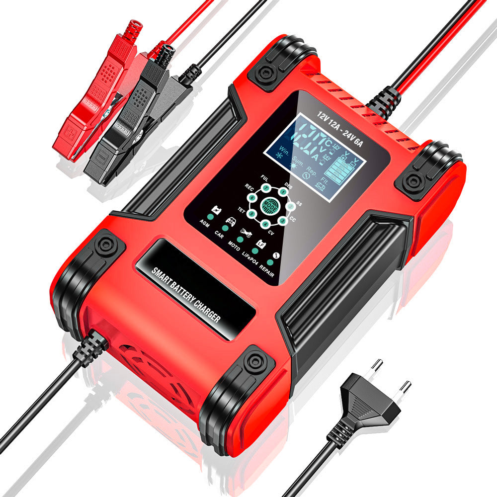 Caricabatterie per auto, 12V 12A / 24V 6A Caricabatterie per batterie al piombo AGM LiFePO4, Caricabatterie per veicoli, Caricabatterie intelligente a 7 stadi con display LED per auto, camion, motociclette, tosaerba.