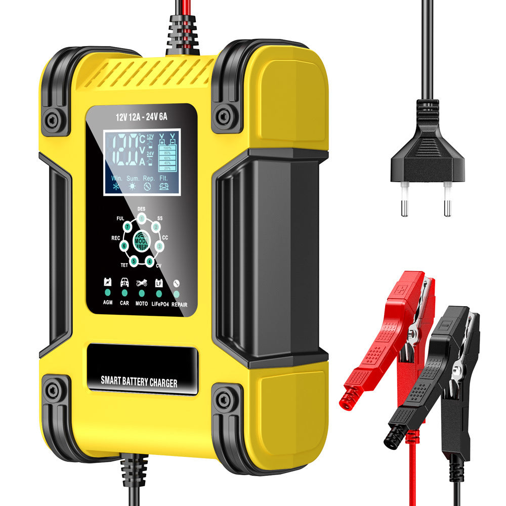 Caricabatterie per auto, 12V 12A / 24V 6A Caricabatterie per batterie al piombo AGM LiFePO4, Caricabatterie per veicoli, Caricabatterie intelligente a 7 stadi con display LED per auto, camion, motociclette, tosaerba.