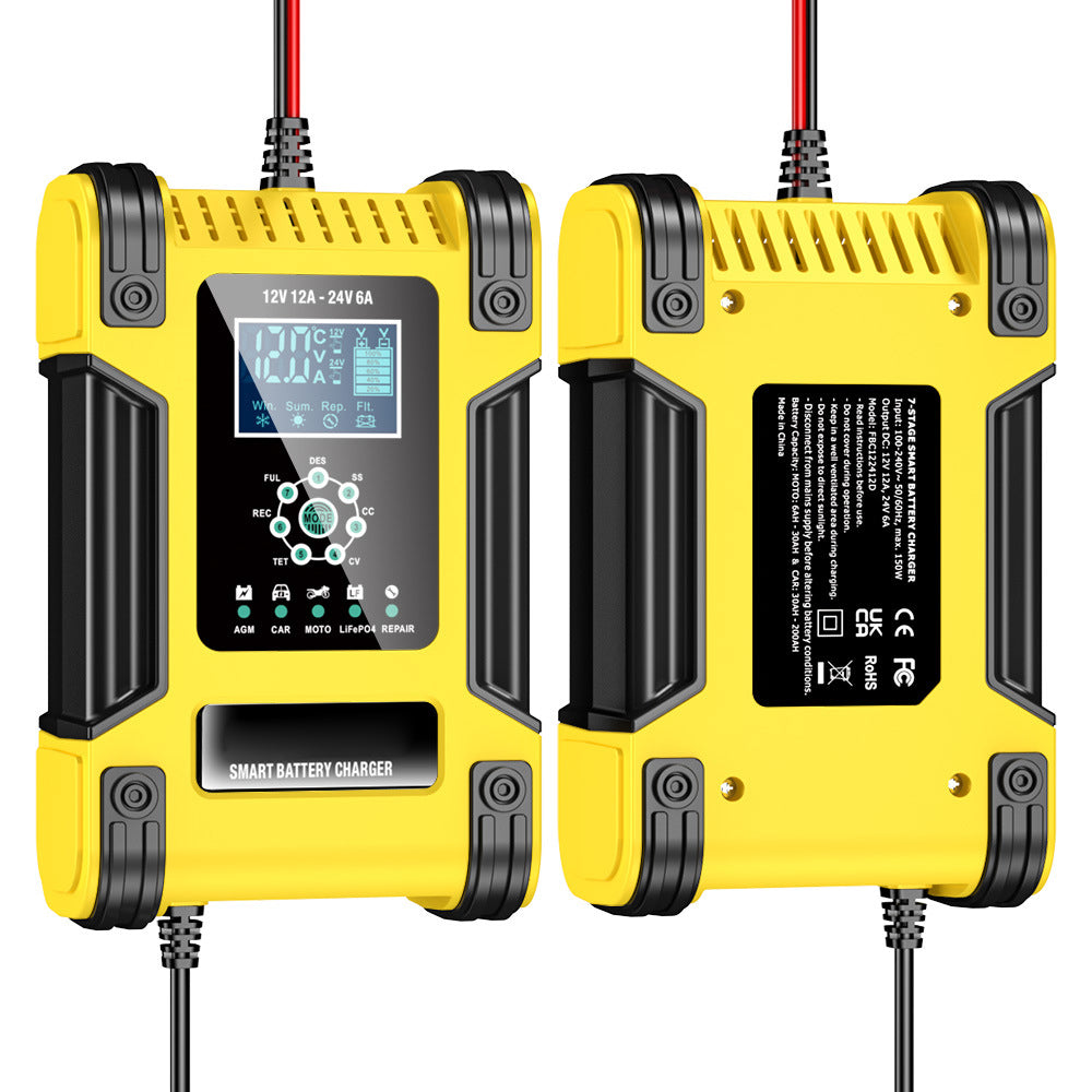 Caricabatterie per auto, 12V 12A / 24V 6A Caricabatterie per batterie al piombo AGM LiFePO4, Caricabatterie per veicoli, Caricabatterie intelligente a 7 stadi con display LED per auto, camion, motociclette, tosaerba.