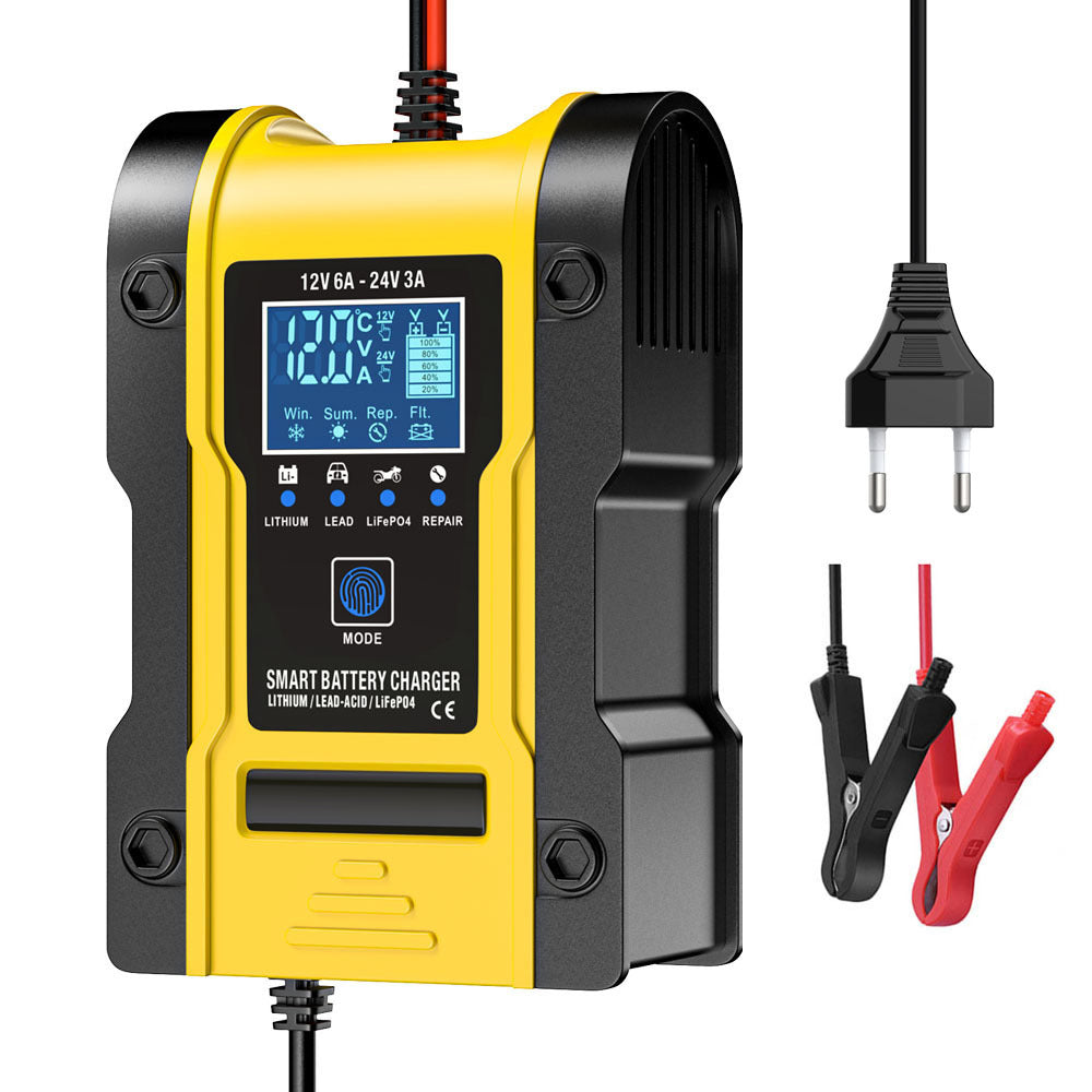 Caricabatterie per auto e moto 12V 6A / 24V 3A, caricabatterie intelligente multifunzione per la riparazione con rilevamento della temperatura per batterie al piombo, AGM, gel, a ciclo profondo, al litio e LiFePO4