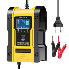 Caricabatterie per auto e moto 12V 6A / 24V 3A, caricabatterie intelligente multifunzione per la riparazione con rilevamento della temperatura per batterie al piombo, AGM, gel, a ciclo profondo, al litio e LiFePO4