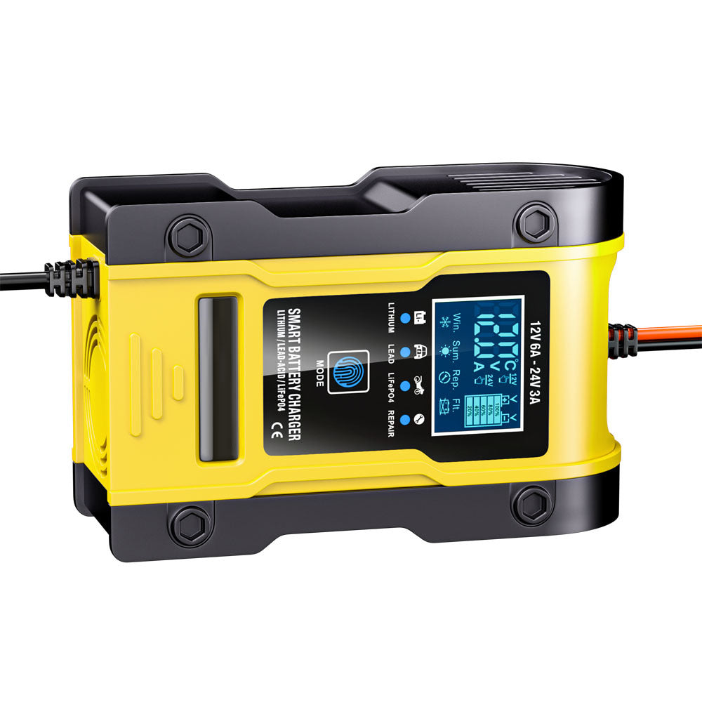 Caricabatterie per auto e moto 12V 6A / 24V 3A, caricabatterie intelligente multifunzione per la riparazione con rilevamento della temperatura per batterie al piombo, AGM, gel, a ciclo profondo, al litio e LiFePO4
