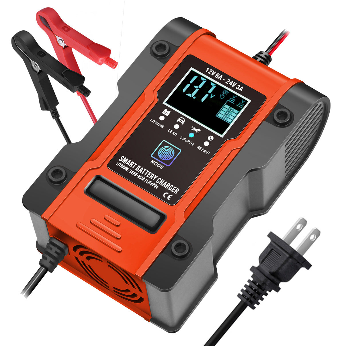 Caricabatterie per auto e moto 12V 6A / 24V 3A, caricabatterie intelligente multifunzione per la riparazione con rilevamento della temperatura per batterie al piombo, AGM, gel, a ciclo profondo, al litio e LiFePO4