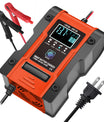 Caricabatterie per auto e moto 12V 6A / 24V 3A, caricabatterie intelligente multifunzione per la riparazione con rilevamento della temperatura per batterie al piombo, AGM, gel, a ciclo profondo, al litio e LiFePO4