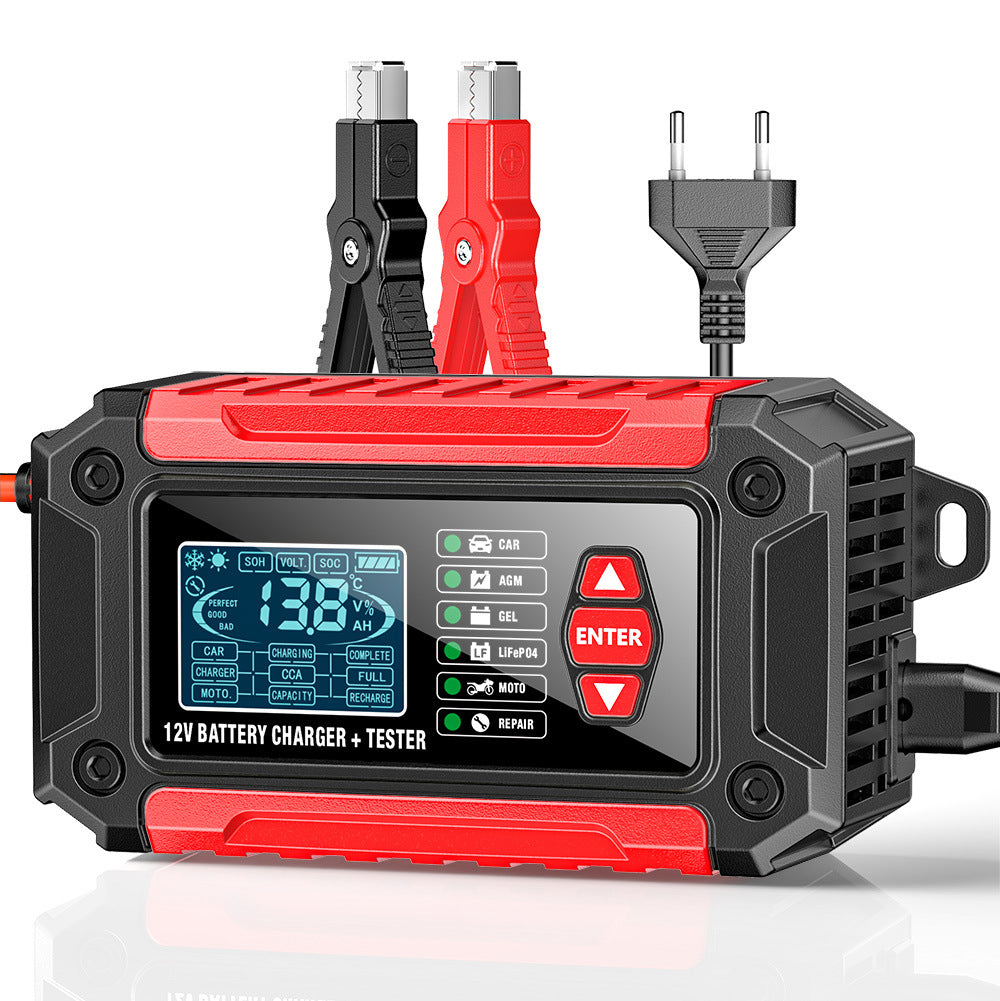 2-i-1 bilbatteriladdare och testare, 12V bly-syra AGM LiFePO4 batteriladdare, fordonsladdare, intelligent batteritestare för bilar, lastbilar, motorcyklar och gräsklippare