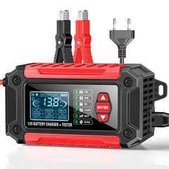 2-i-1 bilbatteriladdare och testare, 12V bly-syra AGM LiFePO4 batteriladdare, fordonsladdare, intelligent batteritestare för bilar, lastbilar, motorcyklar och gräsklippare