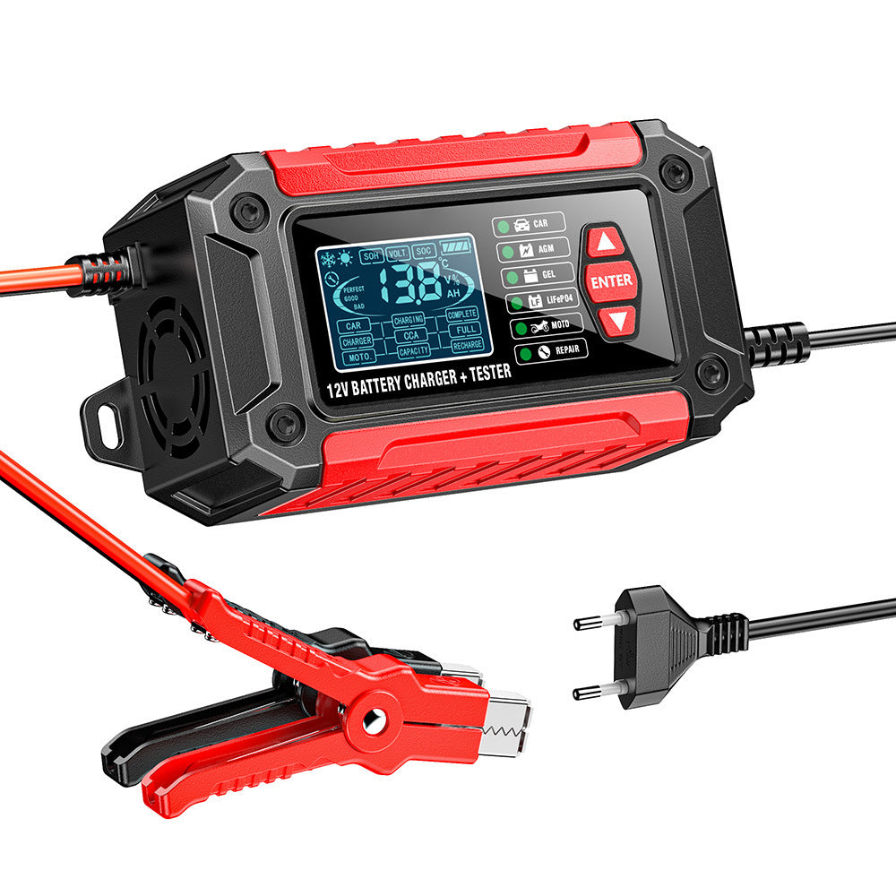 2-i-1 bilbatteriladdare och testare, 12V bly-syra AGM LiFePO4 batteriladdare, fordonsladdare, intelligent batteritestare för bilar, lastbilar, motorcyklar och gräsklippare