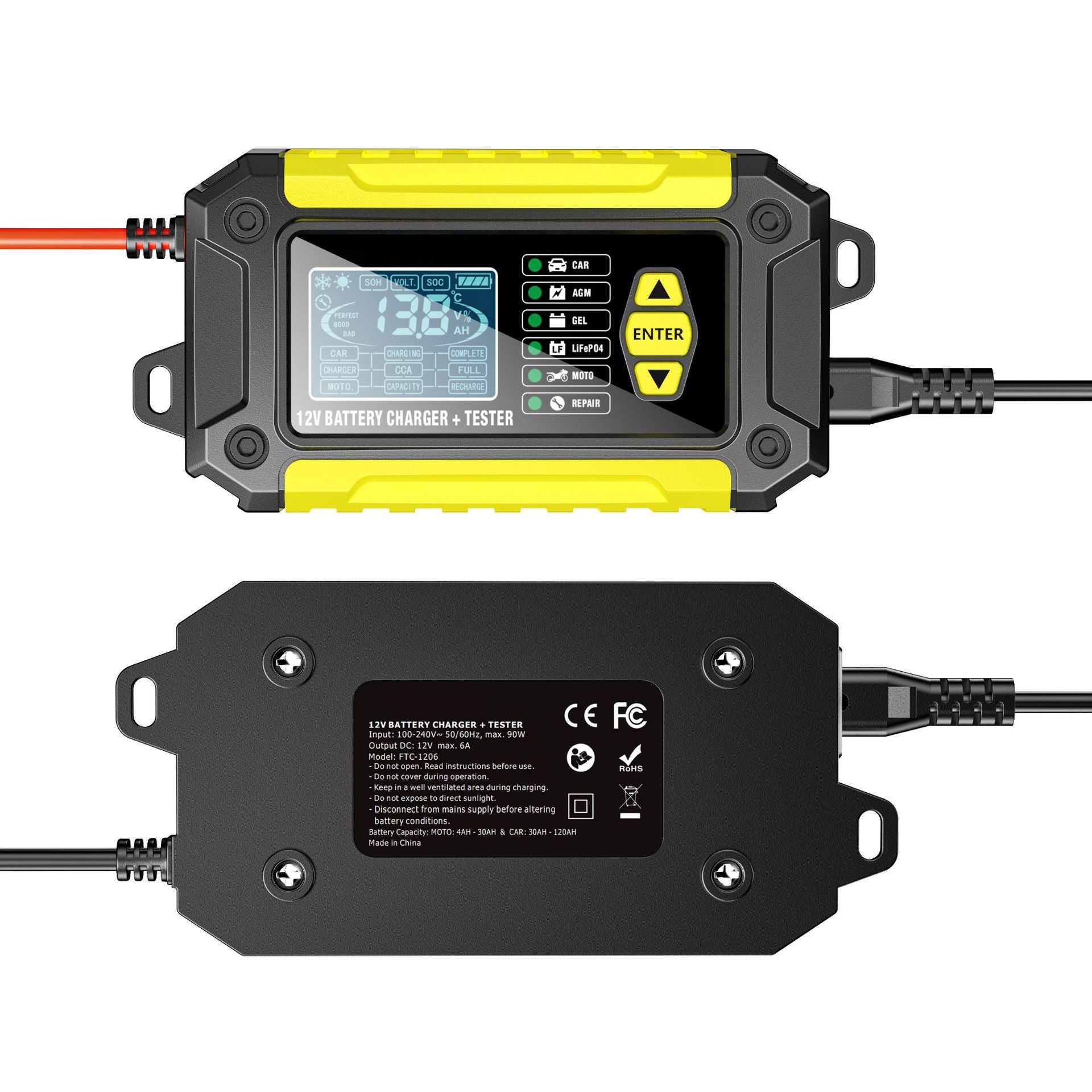 2-i-1 bilbatteriladdare och testare, 12V bly-syra AGM LiFePO4 batteriladdare, fordonsladdare, intelligent batteritestare för bilar, lastbilar, motorcyklar och gräsklippare