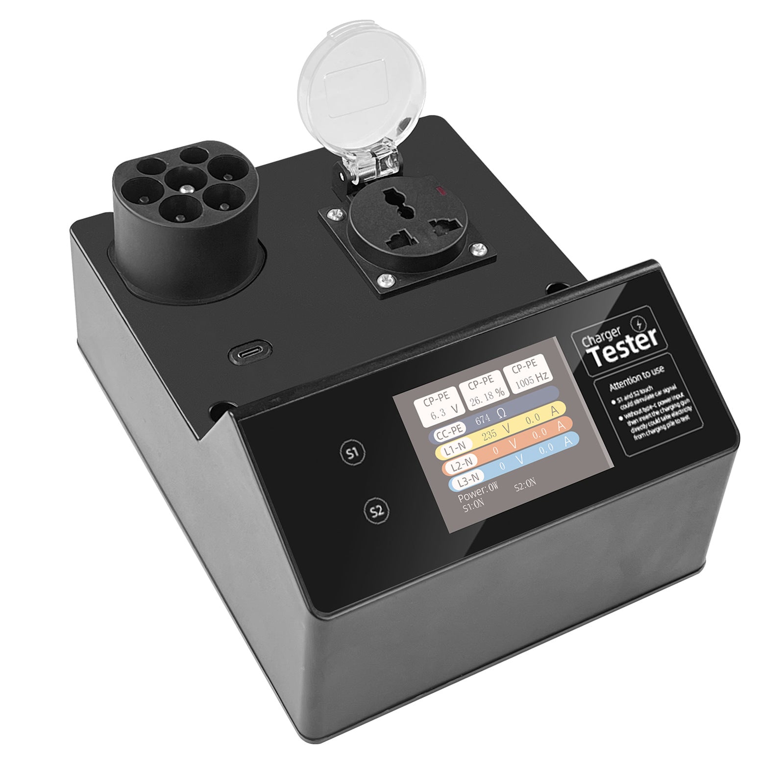 Type-2 EV-ladestation tester med LED-indikator – 32A kortvarig belastning, S1/S2 køretøjssignal-simulering, IP54, til EU-standard ladestationer