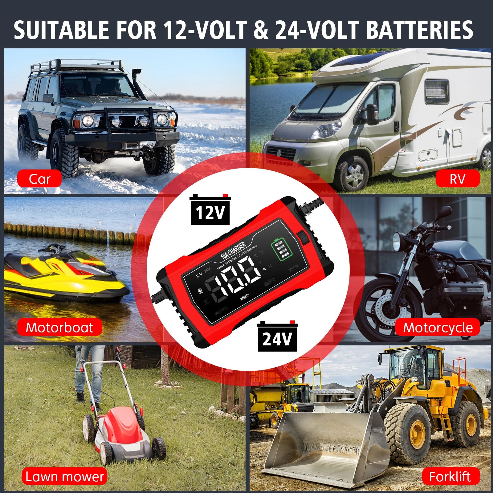 NOEIFEVO 10A Autobatteriladdare, 12 V/24 V, intelligent, helt automatisk, med reparationsläge för bilar, lastbilar, motorcyklar, gräsklippare, båtar och båtens batterier