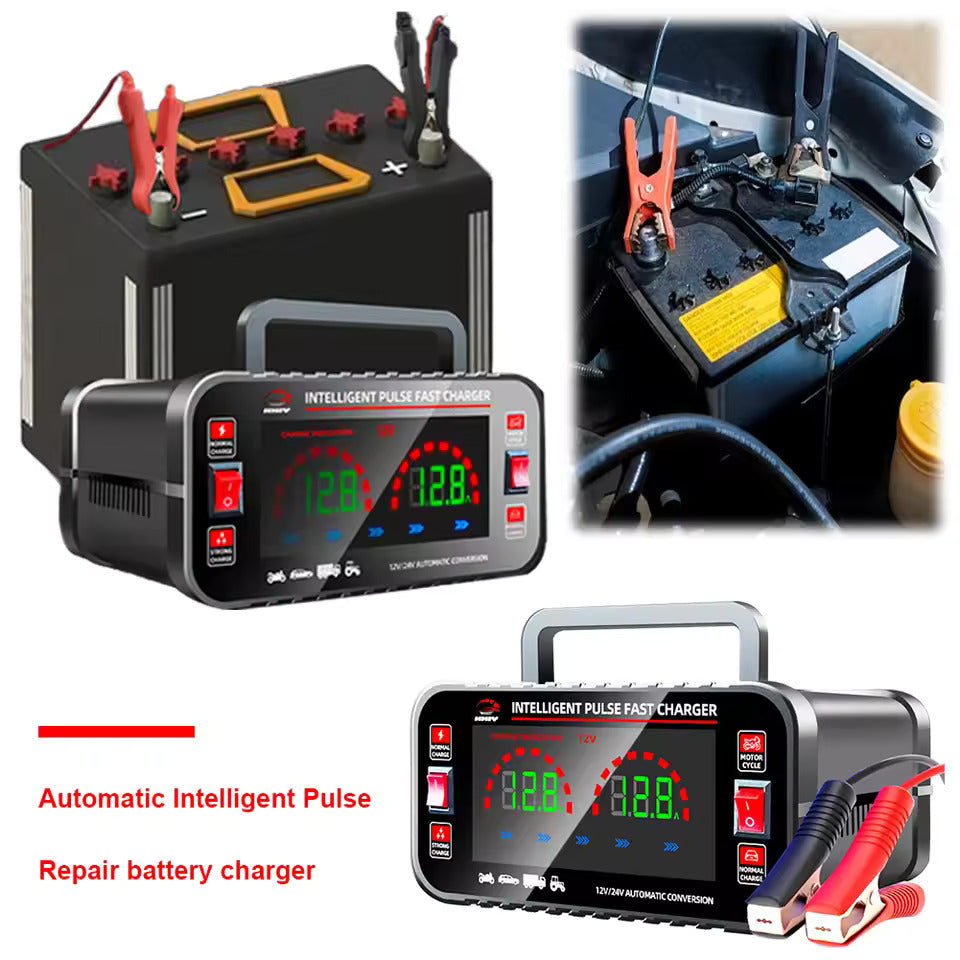 12 10A / 24V 5A Caricabatterie per auto completamente automatico Caricabatterie per auto con riparazione a impulsi intelligenti Caricabatterie per batteria di motocicletta