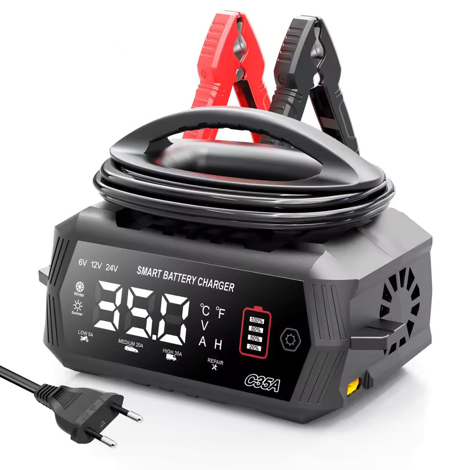 NOEIFEVO 6V 10A / 12V 35A / 24V 18A Yleiskäyttöinen auton akkulaturi litium-, LiFePO4-, lyijyakku-, AGM- ja märkäakkujen lataamiseen, 9-vaiheinen älykäs ylläpitolaturi, jossa 3 virta-asetusta