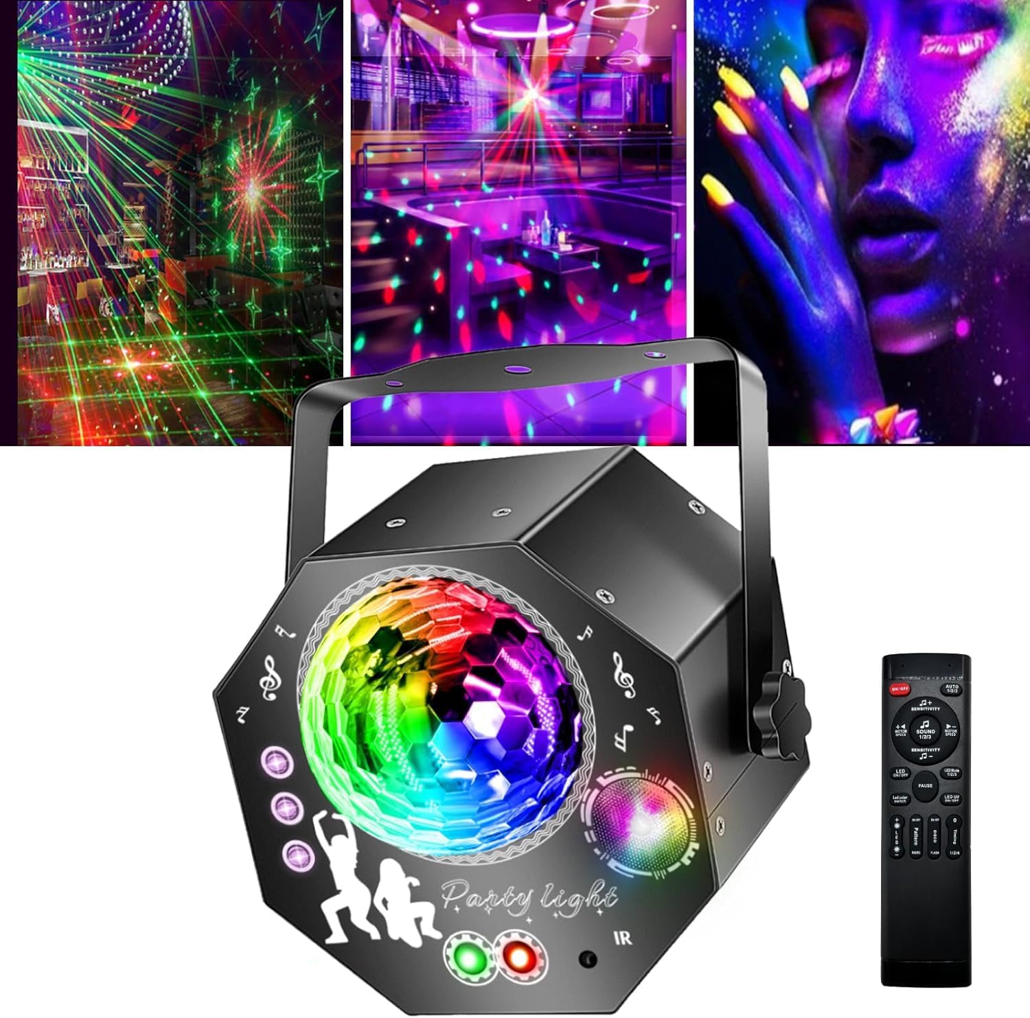 4-i-1 discokule – partylampe med 64 mønstre, musikkstyrt discolampe med fjernkontroll, RGB-UV-strobelys for hjemmet, bar, klubb, uteområder og bursdagsfester