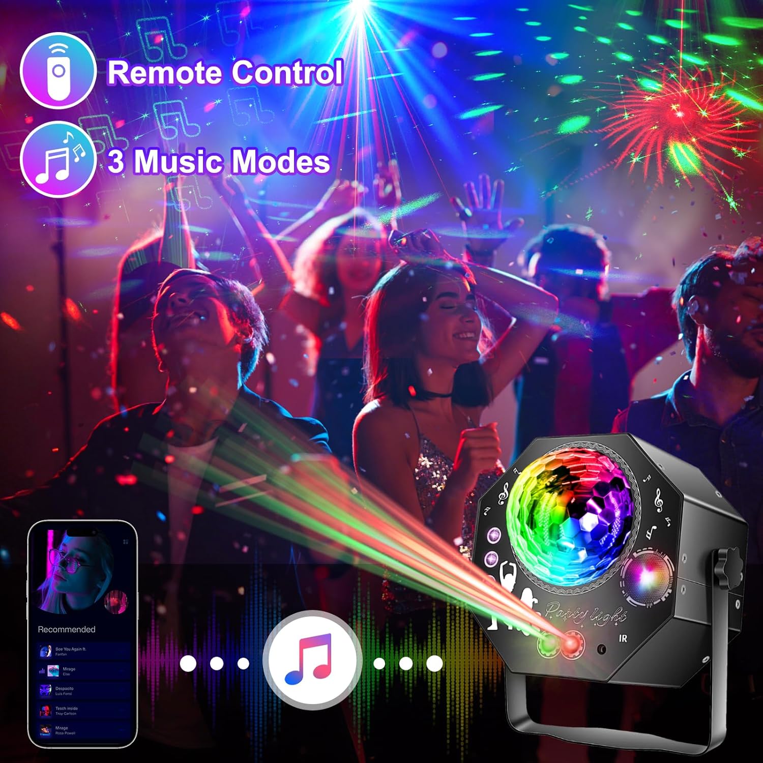 4-i-1 discokule – partylampe med 64 mønstre, musikkstyrt discolampe med fjernkontroll, RGB-UV-strobelys for hjemmet, bar, klubb, uteområder og bursdagsfester