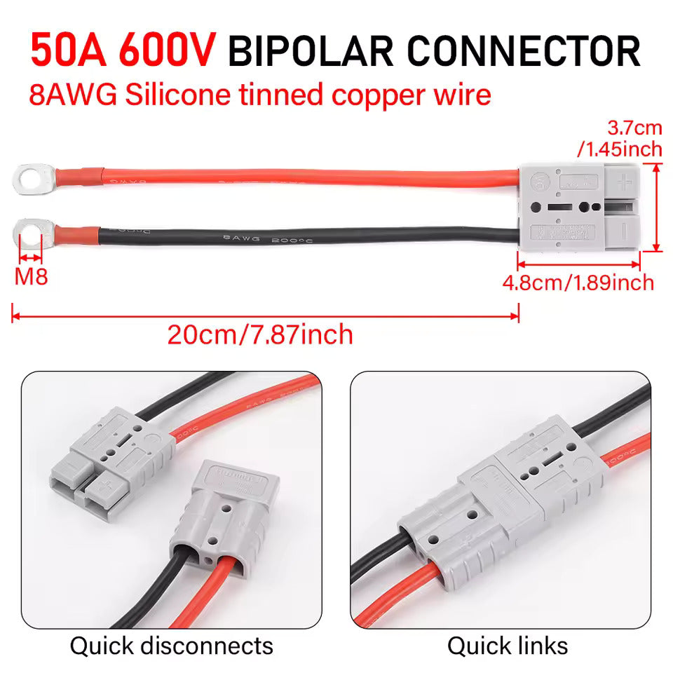 חיבור זרם גבוה 50A 600V, Anderson 50A ל-חיבור מהיר M8, כבל חשמלי 8 AWG באורך 20 ס"מ עבור סוללת LiFePO4, גולף קאר, מלגזה