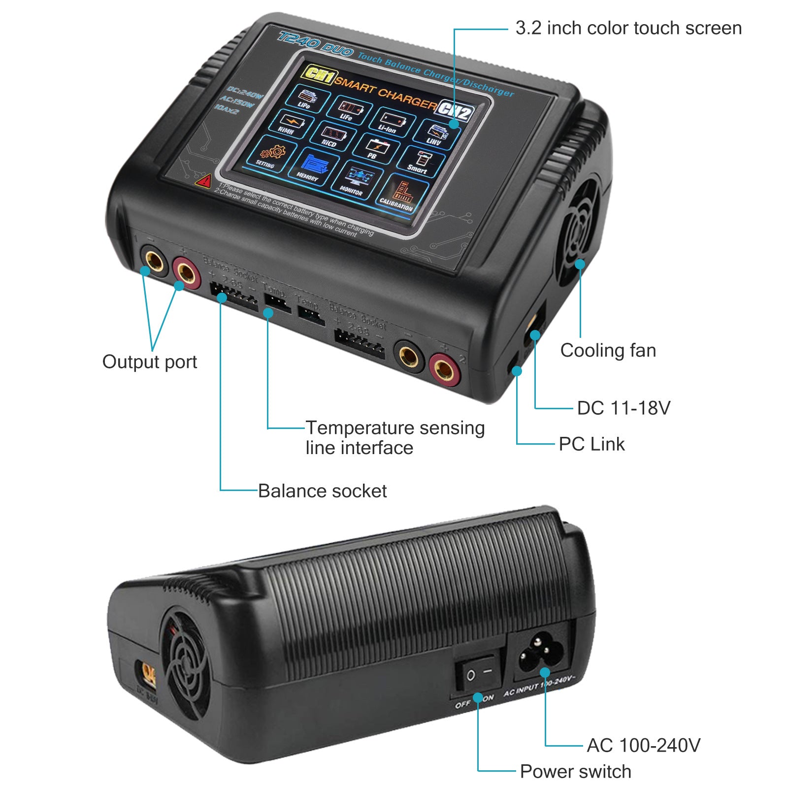 NOEIFEVO T240 RC Oplader Dual-Channel AC 150W DC 240W til NiMH, NiCd, LiHV, Li-ion, Lipo, PB batterier