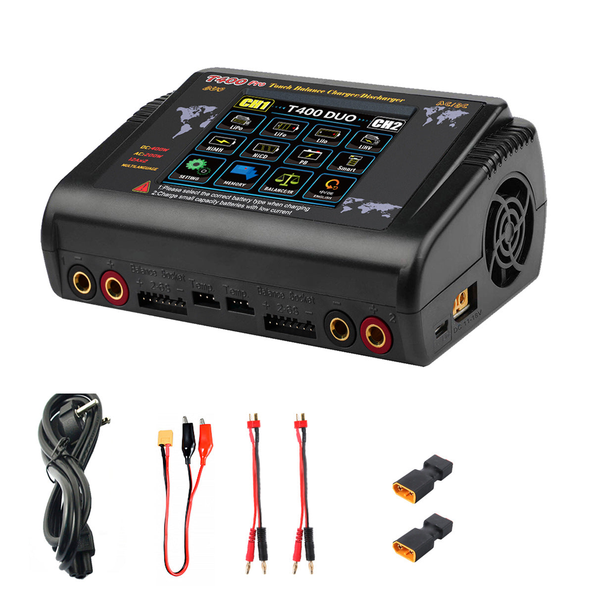 NOEIFEVO T400 Pro Cargador Descargador RC Doble Canal DC 400W AC 200W 12A para Baterías LiHV LiFe Li-ion NiCd NiMh Pb LiPo