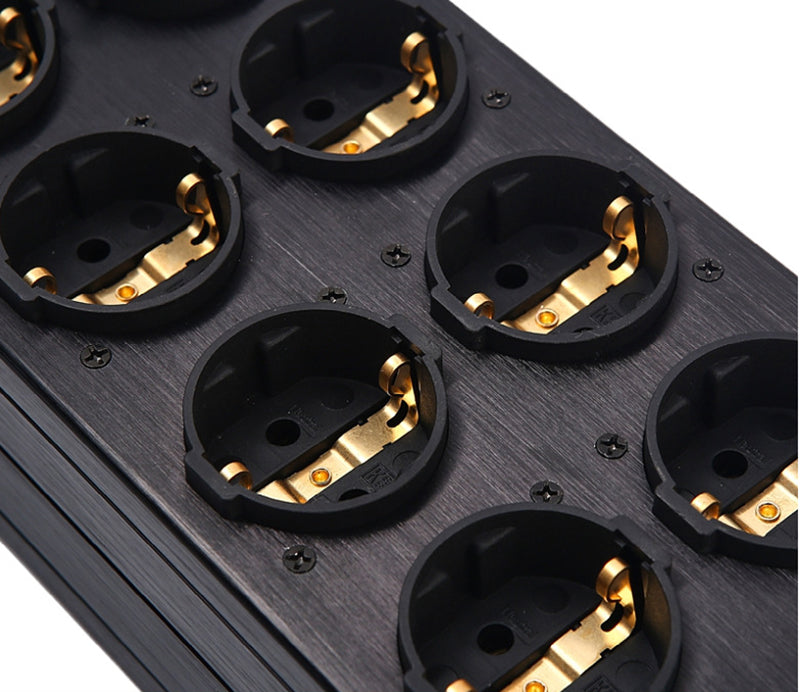 Stroomfilter-stopcontact met ruisonderdrukking, overbelastingsbeveiliging, spanningsweergave en audioversterker, Europees stopcontact