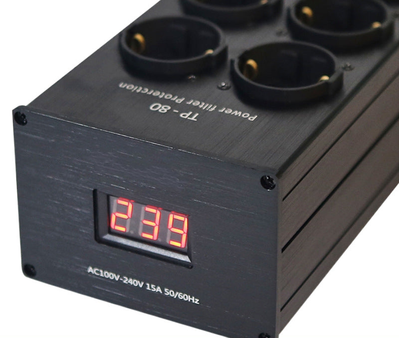 Stroomfilter-stopcontact met ruisonderdrukking, overbelastingsbeveiliging, spanningsweergave en audioversterker, Europees stopcontact