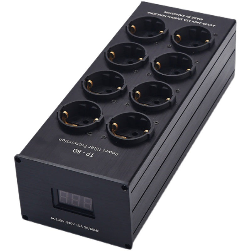 Stroomfilter-stopcontact met ruisonderdrukking, overbelastingsbeveiliging, spanningsweergave en audioversterker, Europees stopcontact