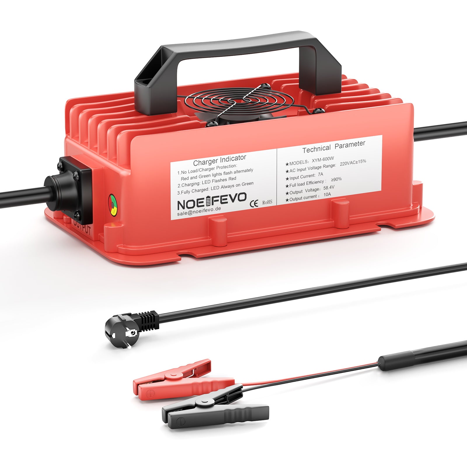 NOEIFEVO 58.4V 10A Litium LiFePO4 batteriladdare för 51.2V(48V) 16S batteri, vattentät, automatisk avstängning med fullt skydd
​