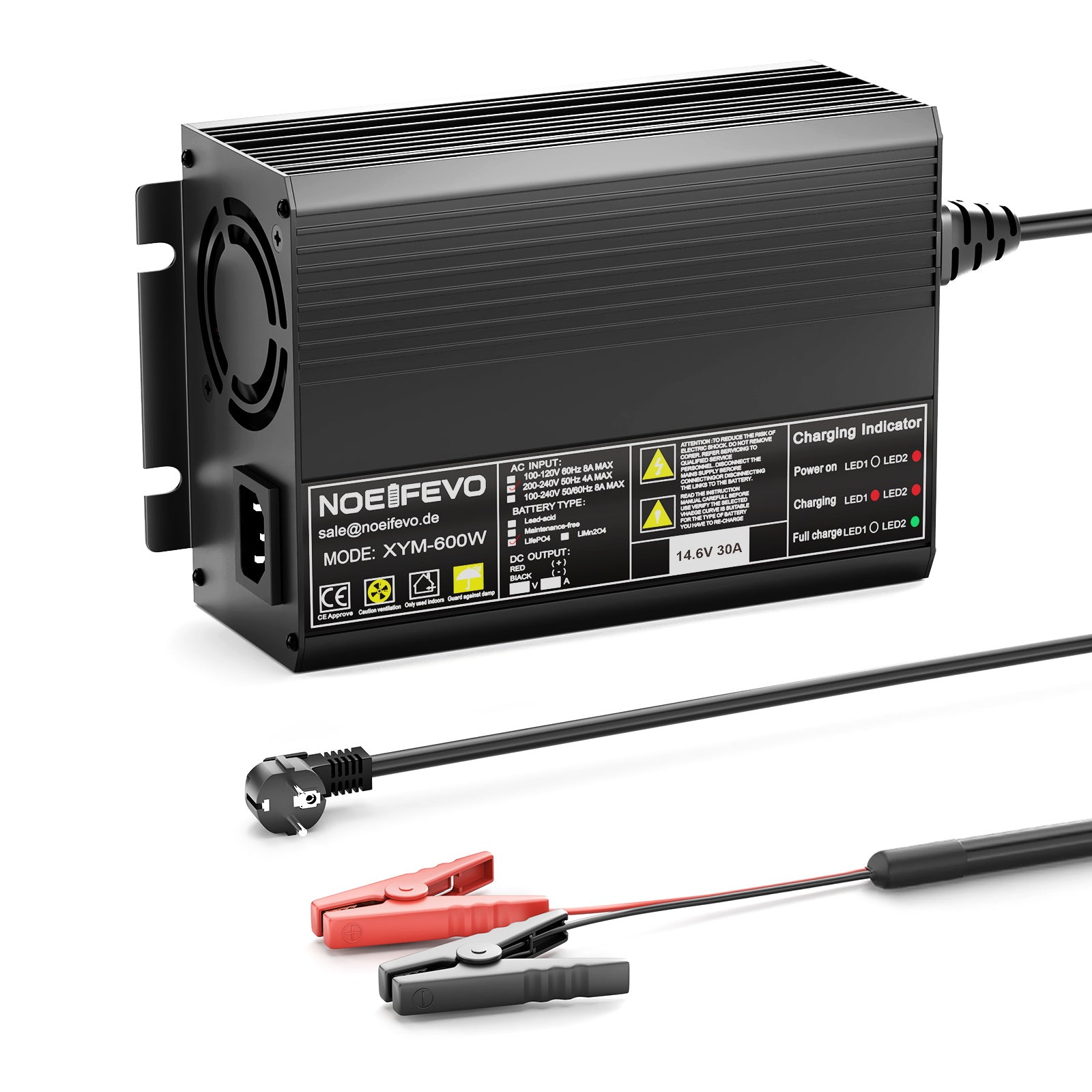 Noeifevo 12V 12,8V 30A Carregador de bateria de lítio LiFePO4, tensão de carregamento 14,6V, ativação 0V BMS, desligamento automático, caixa de alumínio